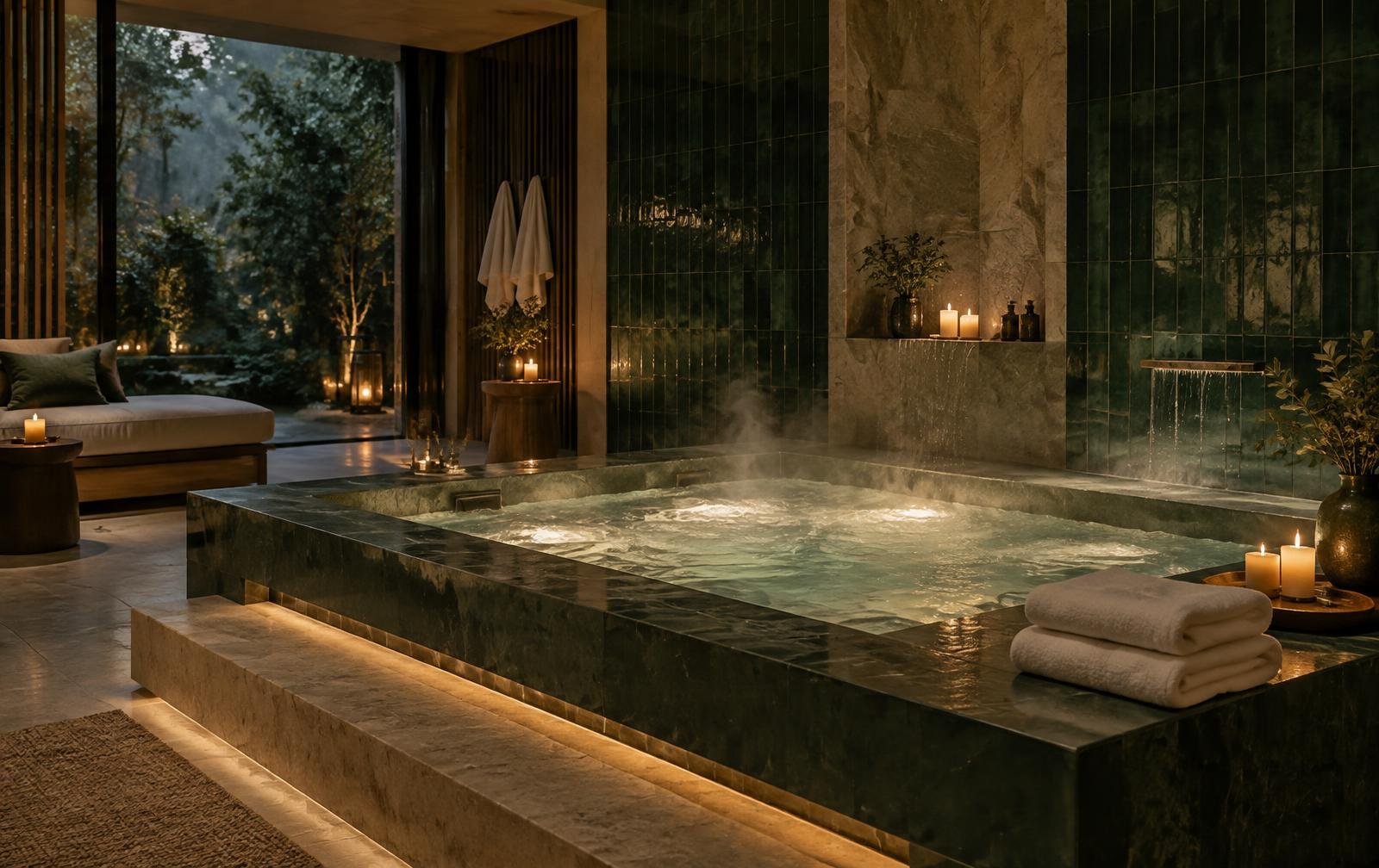 Private jacuzzi suite with candlelight and warm stone surroundings