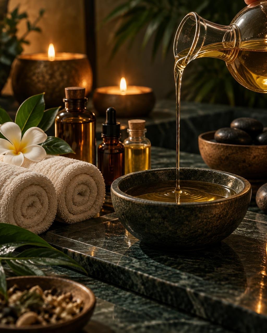 Warm aromatic oil being poured for an aromatherapy treatment