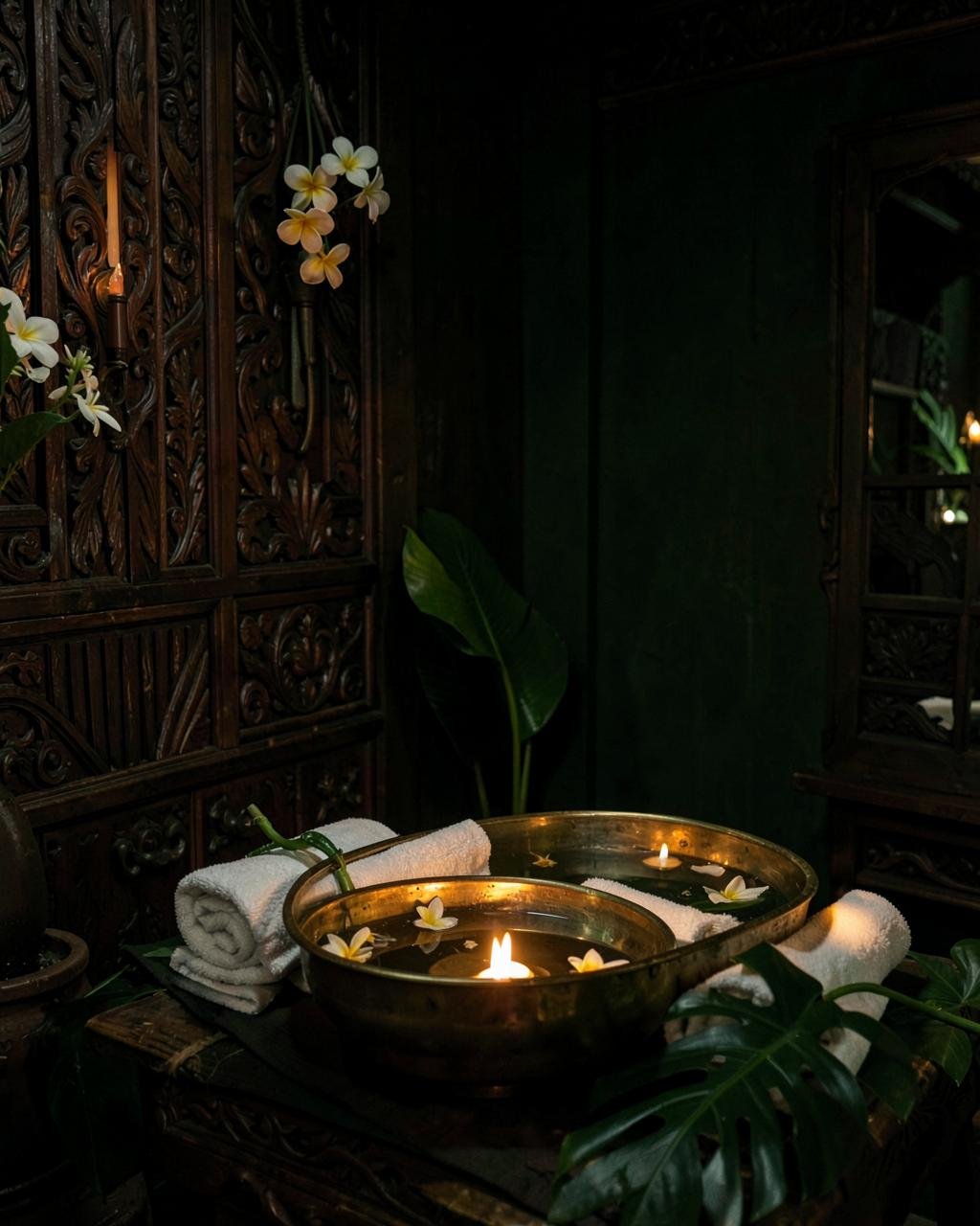 Balinese massage ritual with frangipani flowers and candlelight