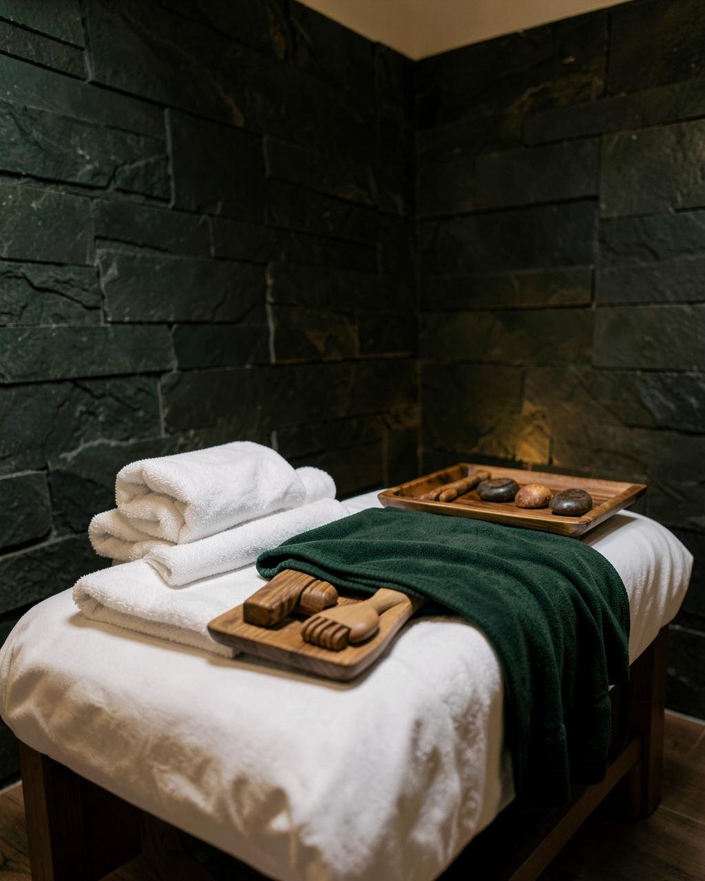 Deep tissue massage room with warm stones and massage tools