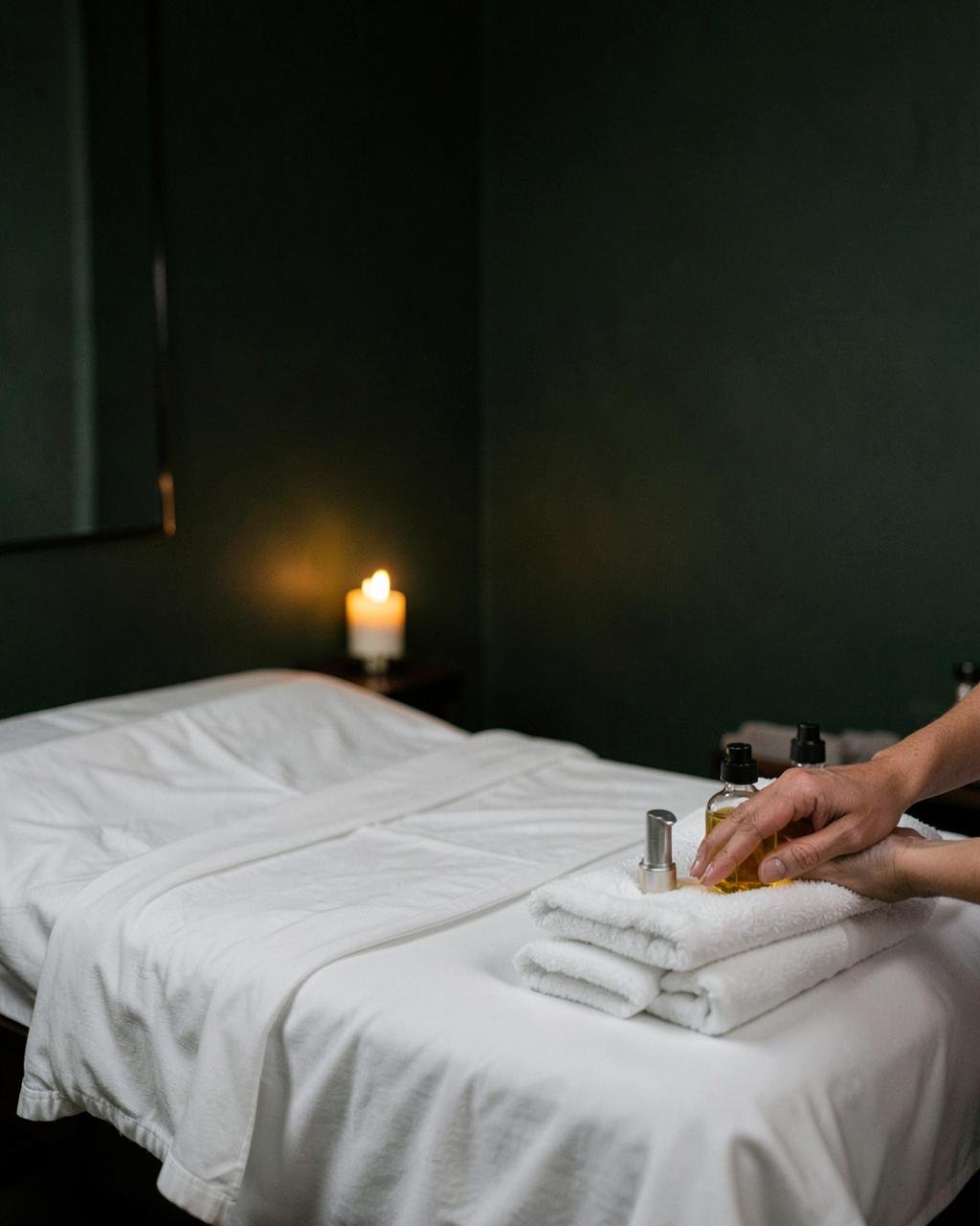 Swedish massage setup with warm oils and fresh white towels
