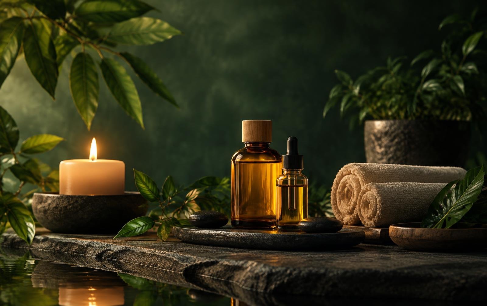 Spa oils, towels and candlelight in a calm treatment setting