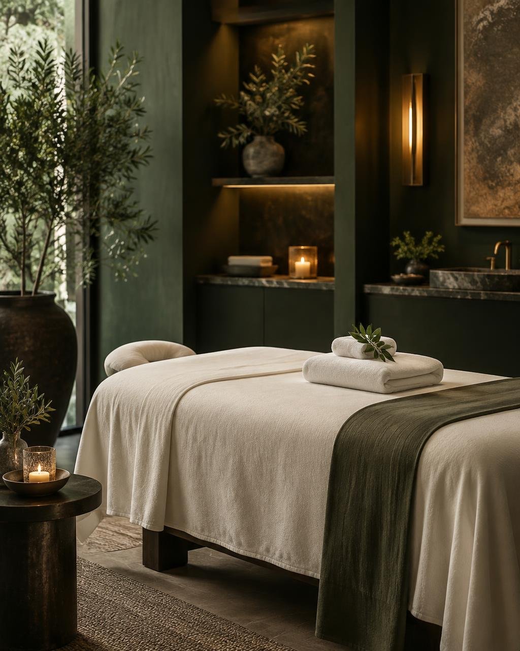 Serene spa treatment room with a linen-draped massage bed