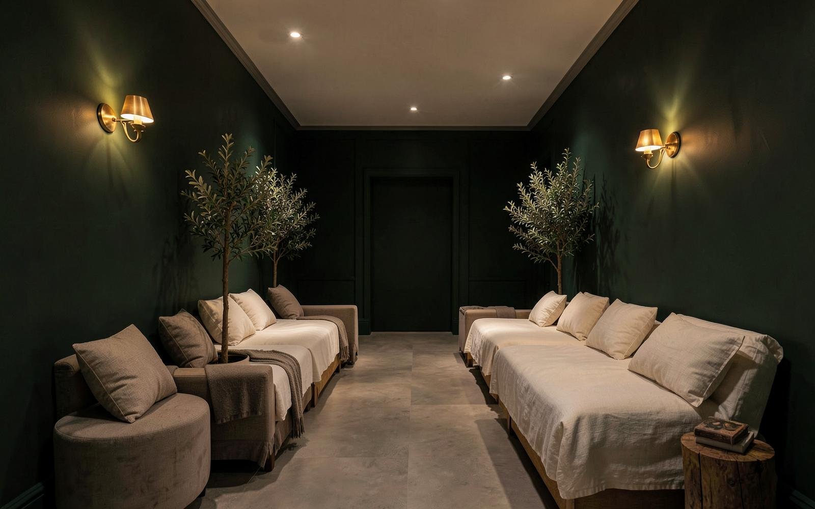 Velvet View relaxation lounge with dark green walls and warm lighting